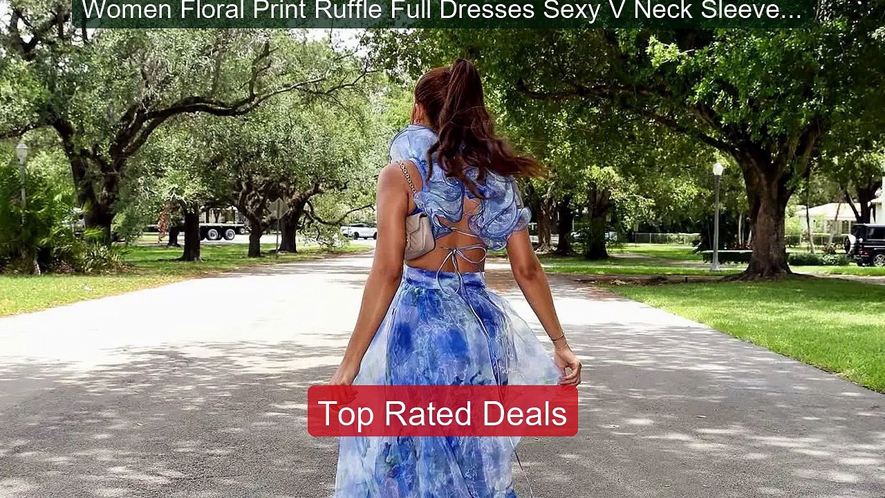 Women Floral Print Ruffle Full Dresses Sexy V Neck Sleeveless ... -- Hot Deal 2026 | Limited Offer!