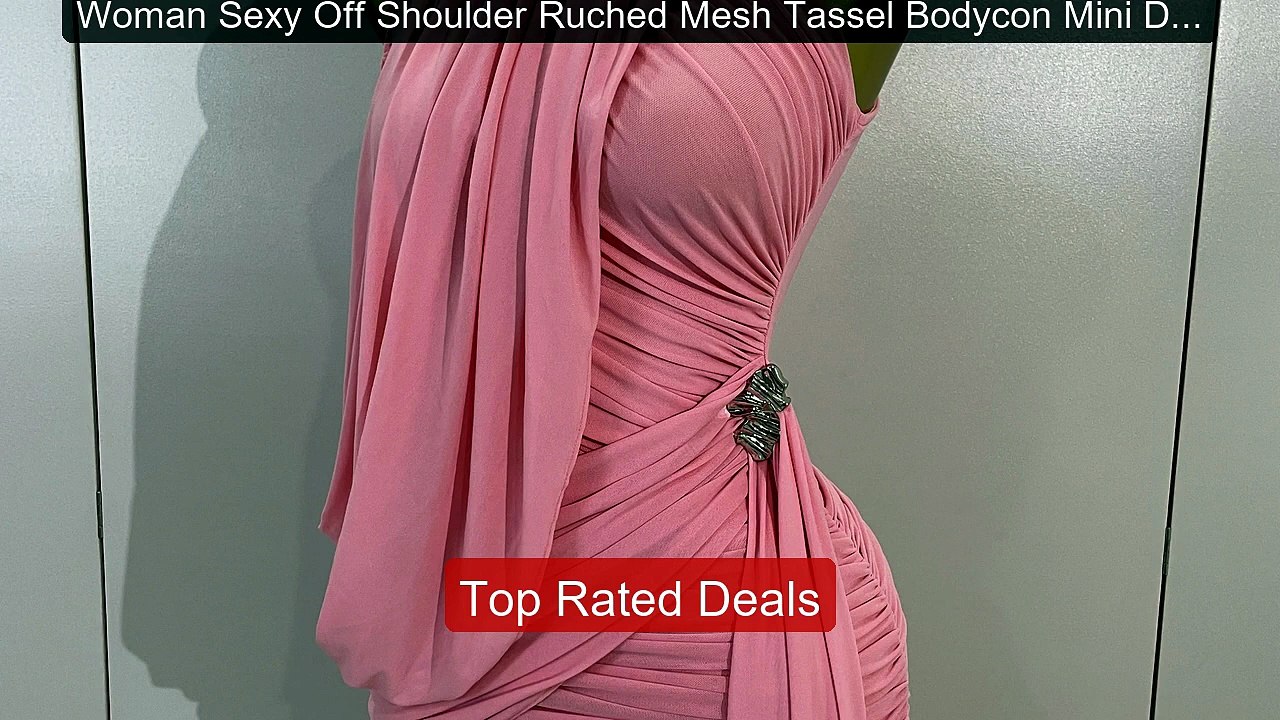 Woman Sexy Off Shoulder Ruched Mesh Tassel Bodycon Mini Dress ... -- Hot Deal 2026 | Limited Offer!