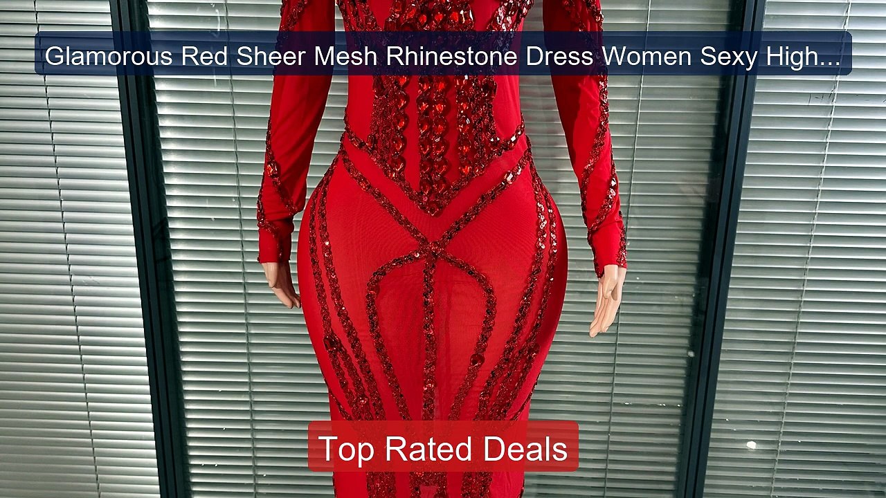 Glamorous Red Sheer Mesh Rhinestone Dress Women Sexy High N... -- Top Pick 2026 | Unbeatable Price!