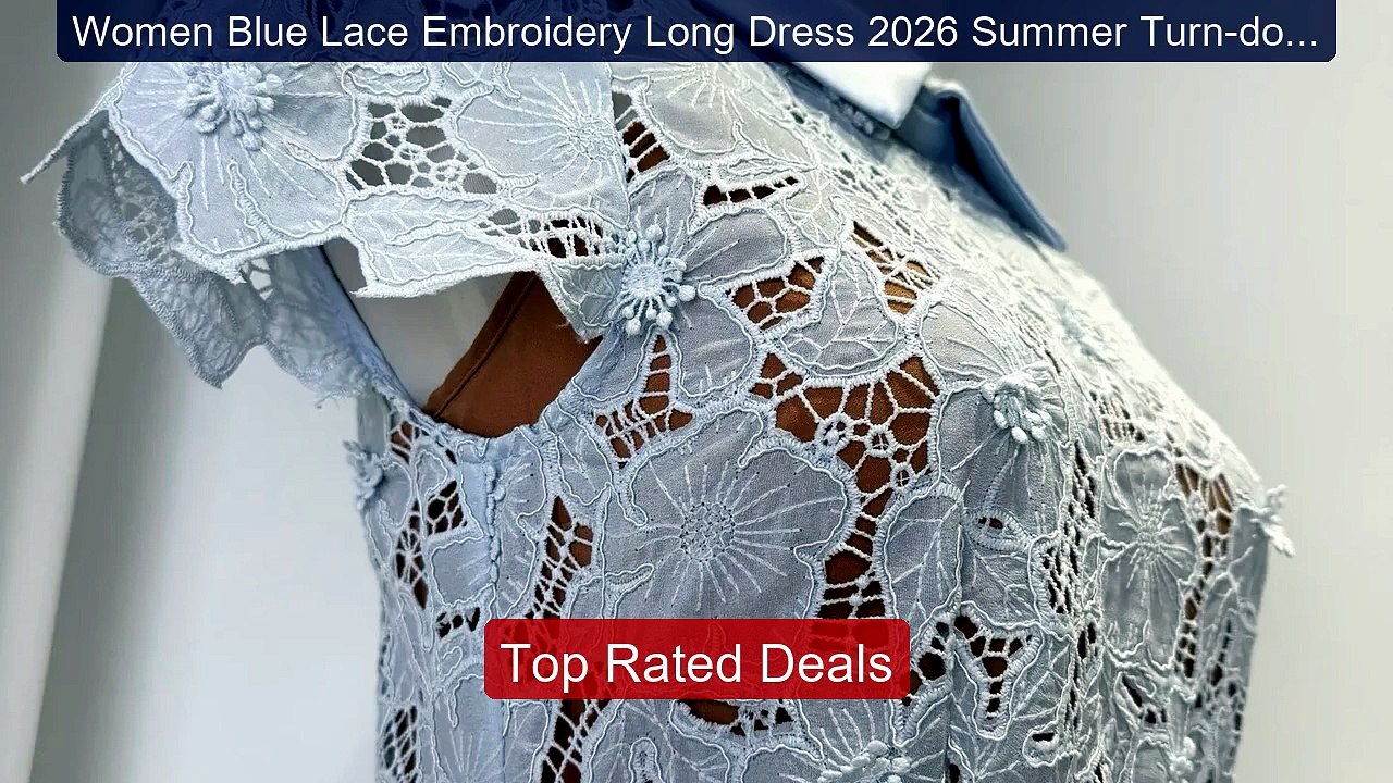 Women Blue Lace Embroidery Long Dress 2026 Summer Turn-down Collar... -- Best Deal 2026 | Shop Now!