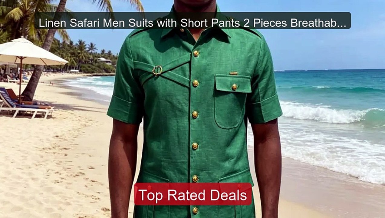 Linen Safari Men Suits with Short Pants 2 Piece...