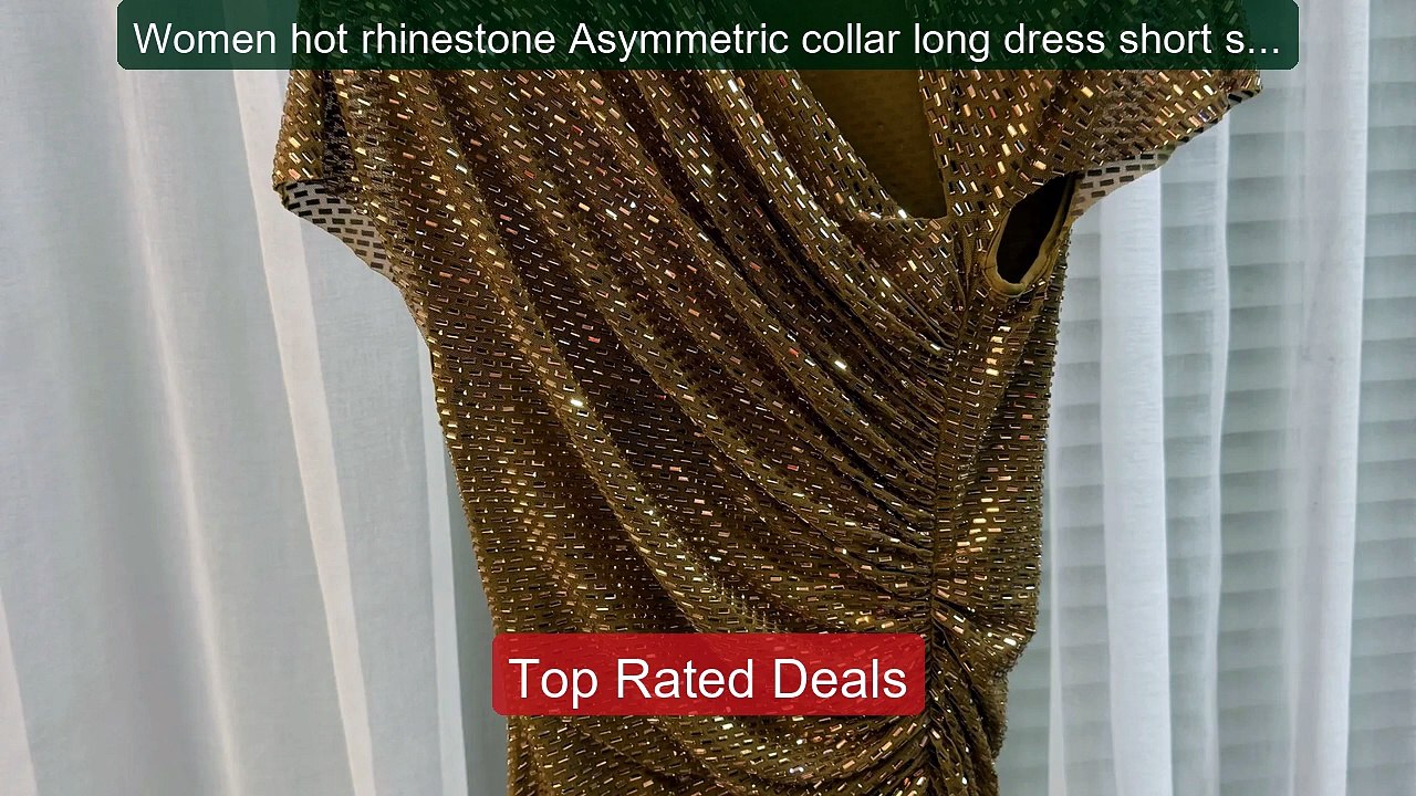 Women hot rhinestone Asymmetric collar long dress short sleeve fas... -- Best Deal 2026 | Shop Now!