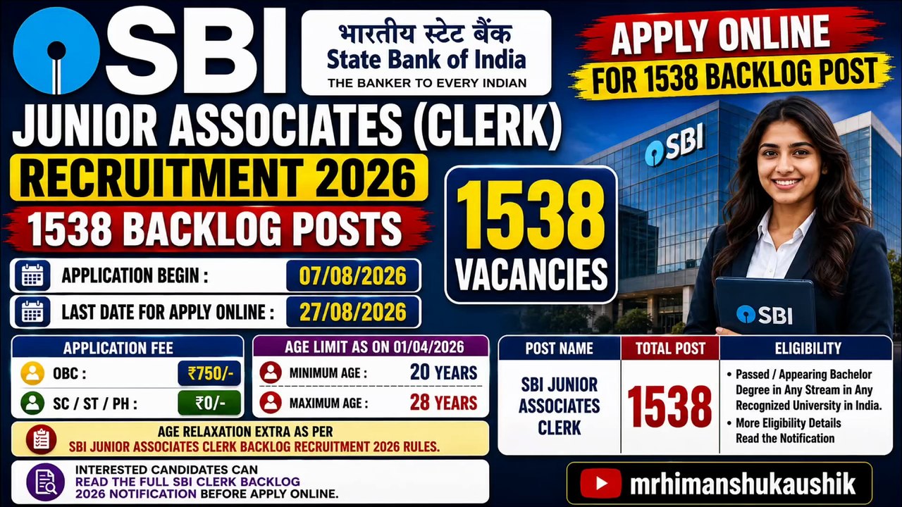 State Bank of India SBI Junior Associates Clerk Recruitment 2026 : Apply for 1538 Backlog Post