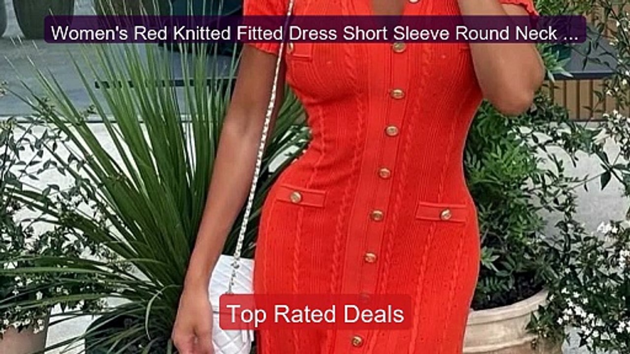 Women's Red Knitted Fitted Dress Short Sleeve Round Neck Singl... -- Best Buy 2026 | Great Quality!