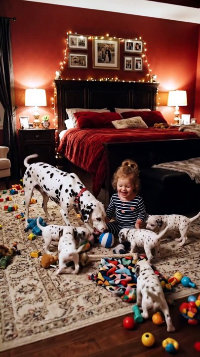 Dalmatian Puppies Playing with Cute Baby