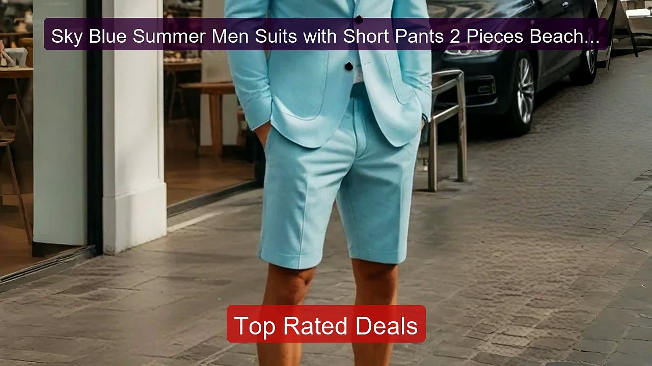 Sky Blue Summer Men Suits with Short Pants 2 Pi...