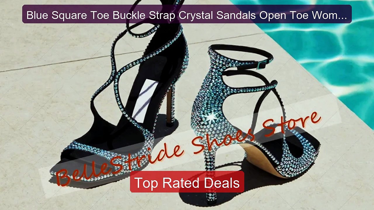 Blue Square Toe Buckle Strap Crystal Sandals Open Toe Women Shoes T... -- Top Rated 2026 | Buy Now!