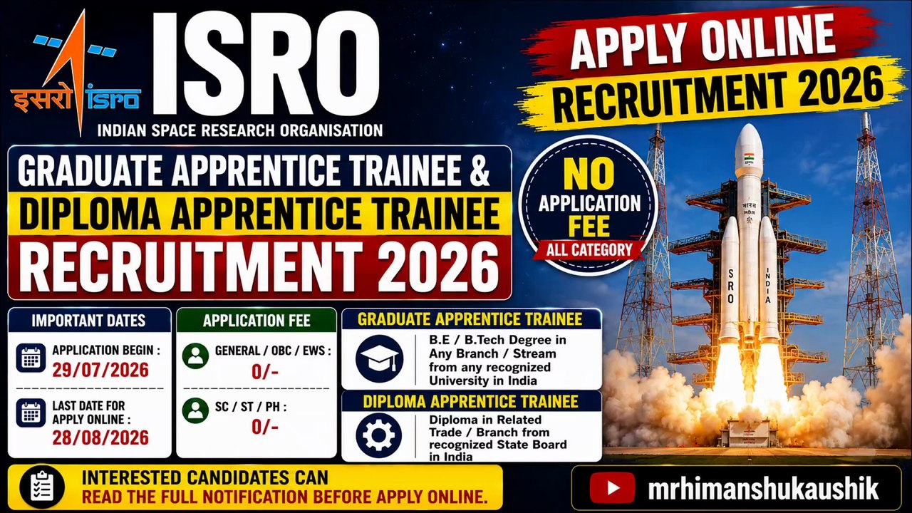 ISRO Graduate Apprentice Trainee and Diploma Apprentice Trainee Recruitment 2026 Apply Online