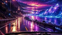 Crystal CoastlinePOV- Driving beside an endless crystal ocean beneath twin moons and a spiral ga