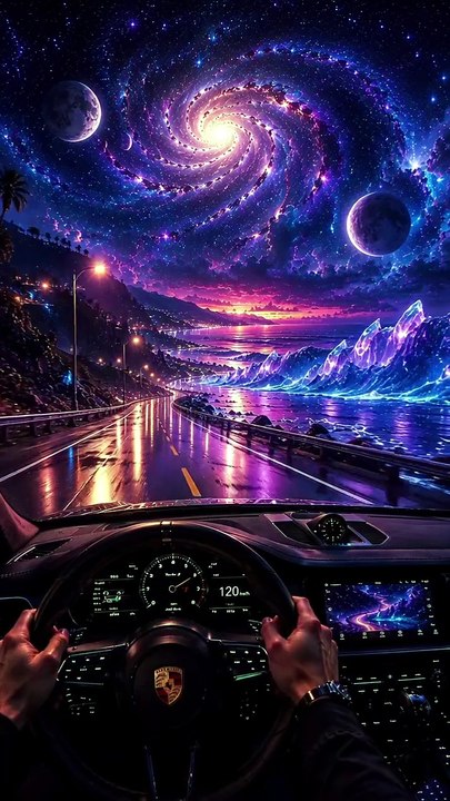 Crystal CoastlinePOV- Driving beside an endless crystal ocean beneath twin moons and a spiral ga
