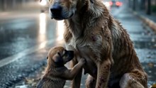 A weak mother dog sat in the rain with her babies… Until one kind heart