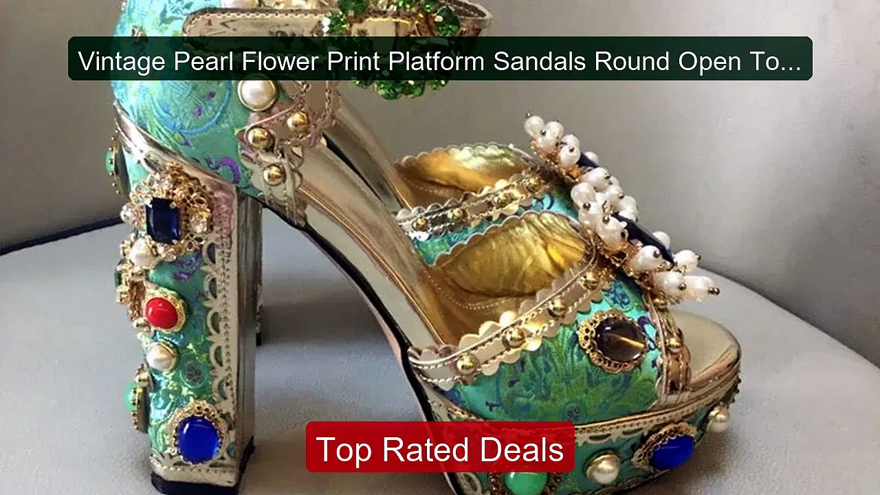 Vintage Pearl Flower Print Platform Sandals Rou...