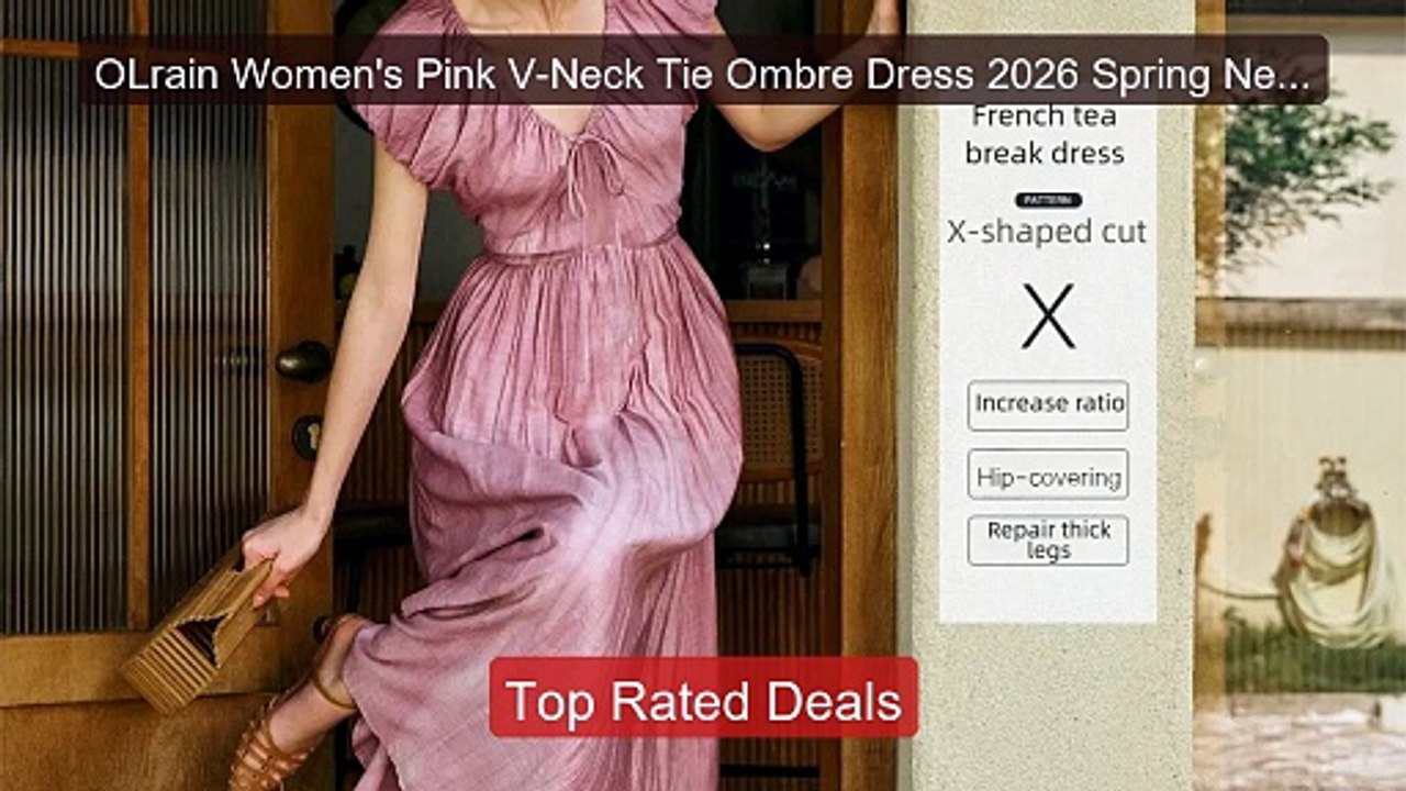 OLrain Women's Pink V-Neck Tie Ombre Dress 2026 Spring New French E... -- Top Rated 2026 | Buy Now!