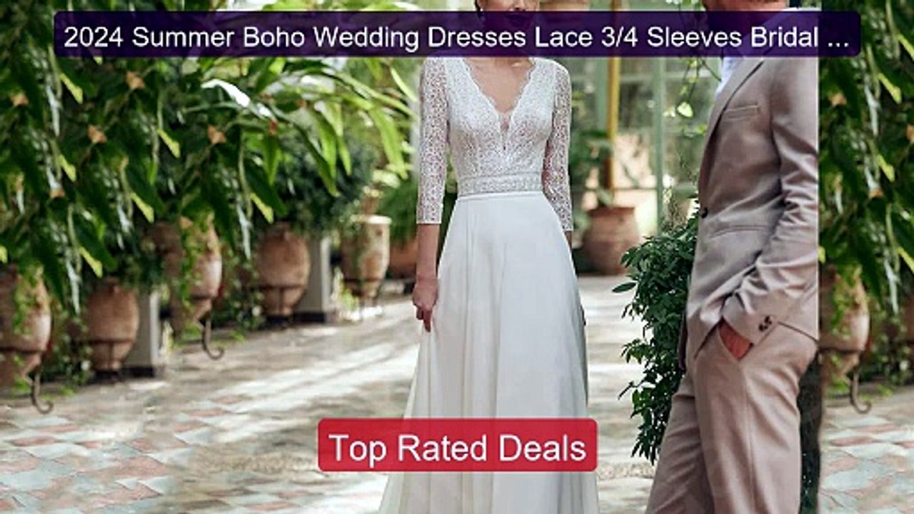 2024 Summer Boho Wedding Dresses Lace 3/4 Sleev...