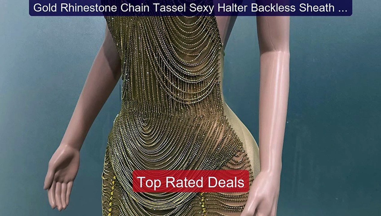 Gold Rhinestone Chain Tassel Sexy Halter Backless Sheath Mini... -- Amazing Value 2026 | Must Have!