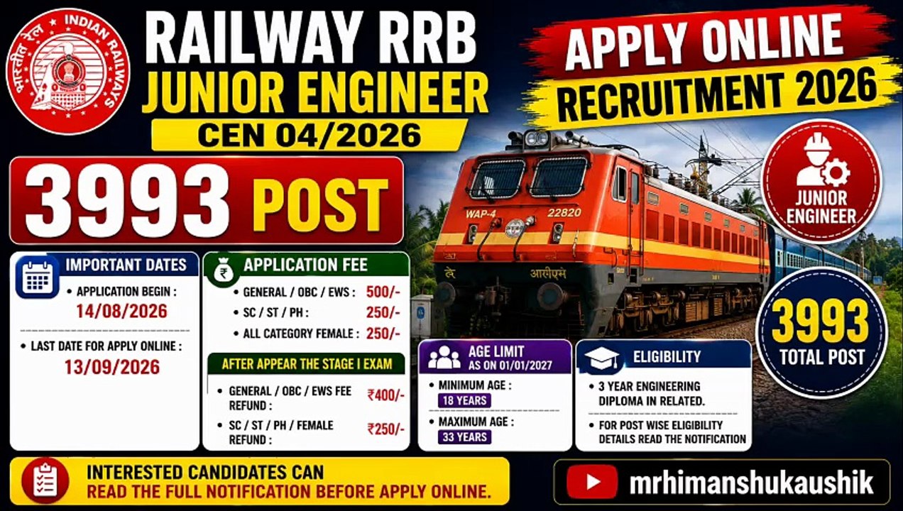 Railway RRB Junior Engineer CEN 04/2026 Recruitment 2026 Apply Online for 3993 Post #jobs #rrb