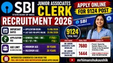 State Bank of India SBI Junior Associates Clerk Recruitment 2026 : Apply Online for 9124 Post #jobs