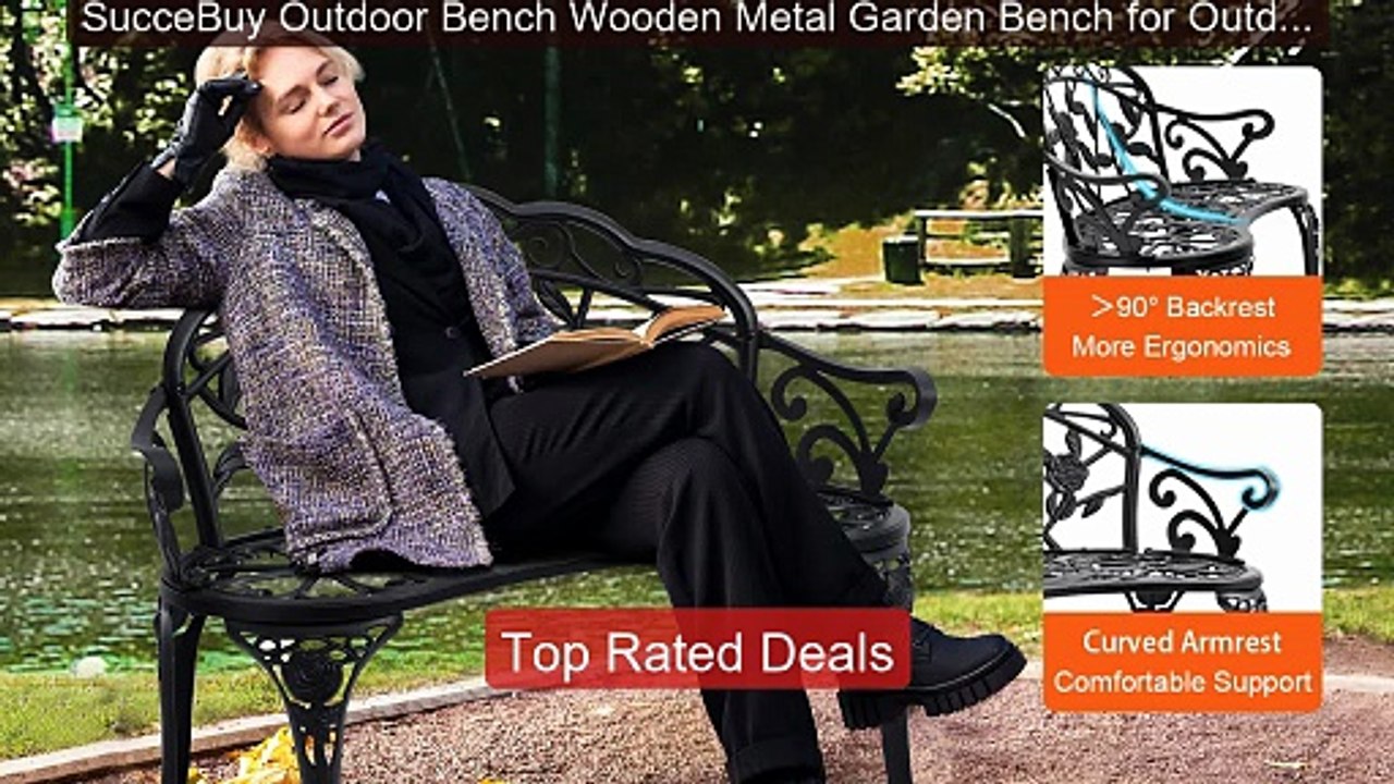 SucceBuy Outdoor Bench Wooden Metal Garden Benc...