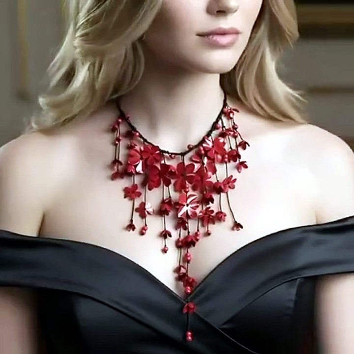 Burgundy Red Flower Pendant Necklace for Women...