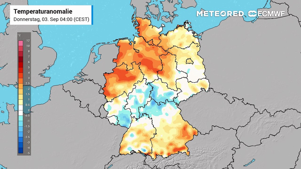 Herbst auf dem Kalender, Wärmeüberschuss auf der Karte: Die ECMWF-Animation zeigt euch, wo die Temperaturen in zwei Metern Höhe über dem langjährigen Vergleichswert liegen – und wie sich die ungewöhnliche Wärme über Deutschland verteilt.