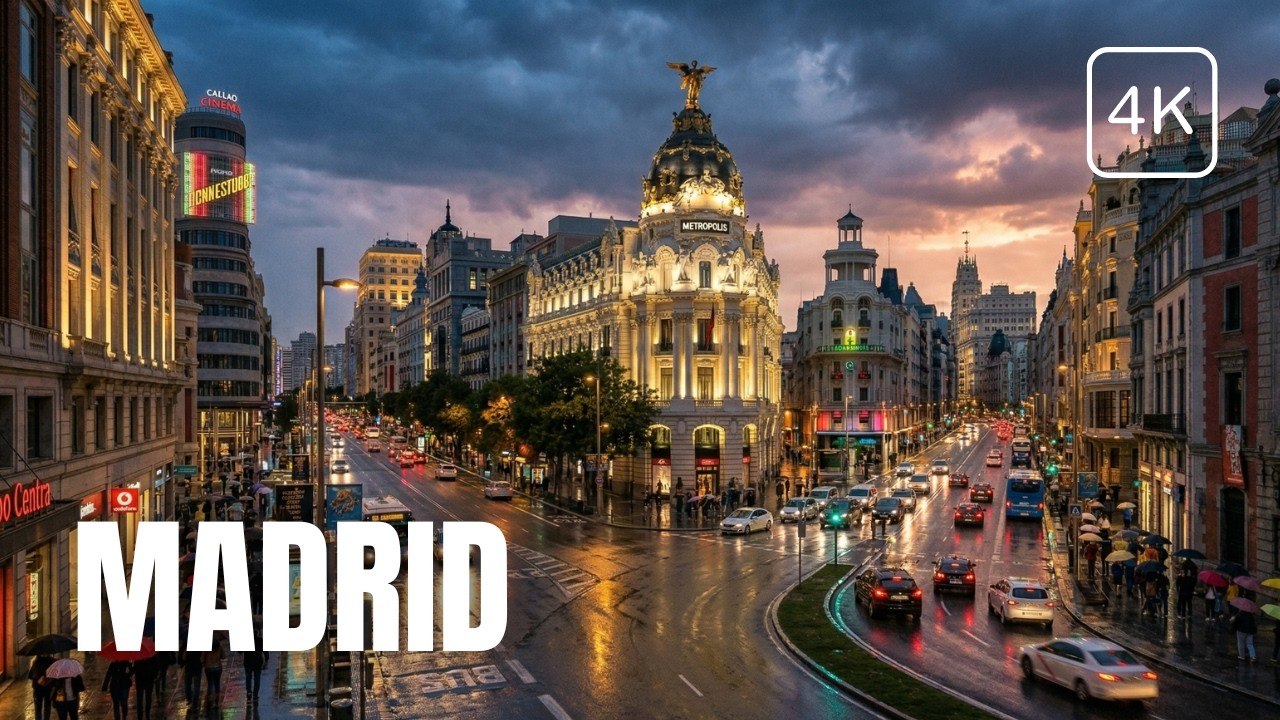 Walking in the Beautifully Wet Evening Streets of Madrid Spain | Watch it in 4K