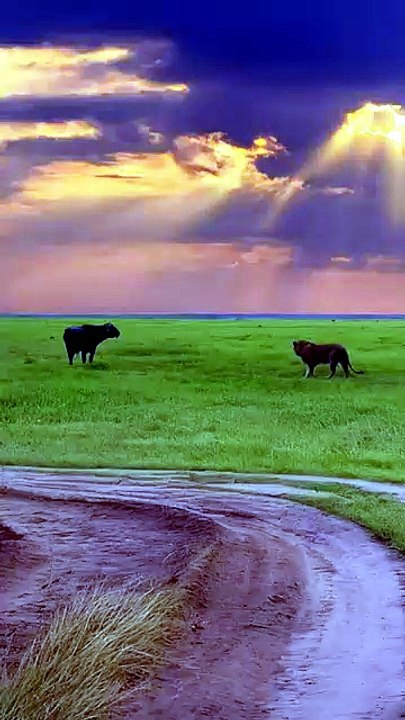Lion hunting buffalo on the savanna  #wildlife #bigcats #animals