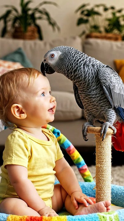 👶🦜 Baby Tilts His Head… The Parrot Copies Him! 😂