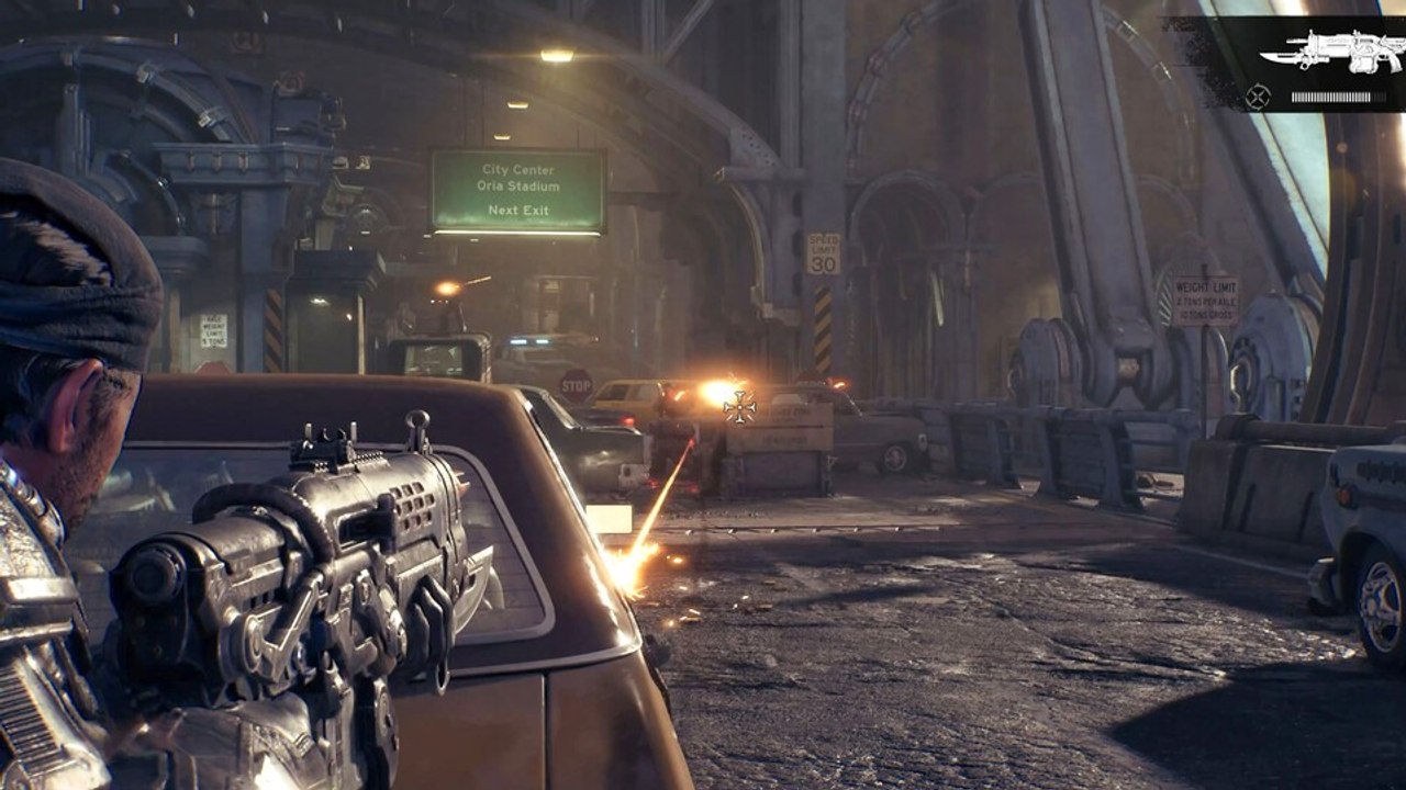 Chris hat sich in Gears of War E-Day für euch über die Brücke zum Kalona-Stadion gefightet und einige Kämpfe im Stadtzentrum bestritten