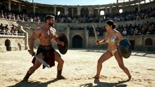 A classic gladiator duel between male and female gladiators in Rome