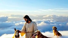 Jesus e cachorros em uma nuvem