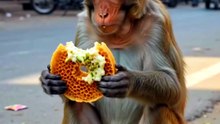 Monkey Eating Ghevar Food On The Indian Road