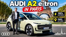 Audi A2 e-tron fährt durch Paris und vorbei am Eiffelturm