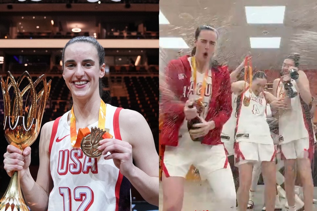 Caitlin Clark accidentally sprays champagne directly into her eyes during Team USA celebration