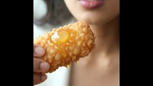 Pirya_biting_into_fried_Hot Honey Pickle Roll