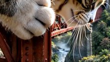 【実写AI】渓谷の鉄橋、駅長猫が谷底から列車を見上げる60秒