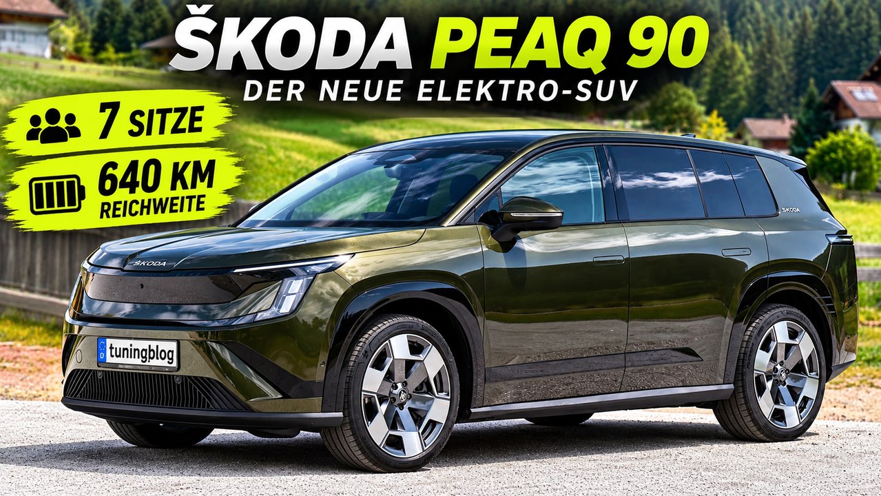 Škoda peaq 90 in olibo-grün metallic: 640 km reichweite und 7 sitze