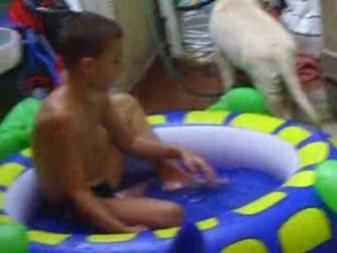 MON FILS ET MON CHIEN QUI JOUE A LA PISCINE SUR LA TERRASSE