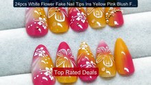 24pcs White Flower Fake Nail Tips Ins Yellow Pink Blush False... -- Amazing Value 2026 | Must Have!