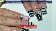 24pcs Y2K Sweet Stars Press On Nails Blue Brown Stripes French Sty... -- Best Deal 2026 | Shop Now!