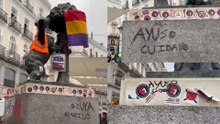 La ultraizquierda vandaliza el Oso y el Madroño en Sol: aparece con un pañuelo palestino, amenazas a Ayuso y la bandera republicana