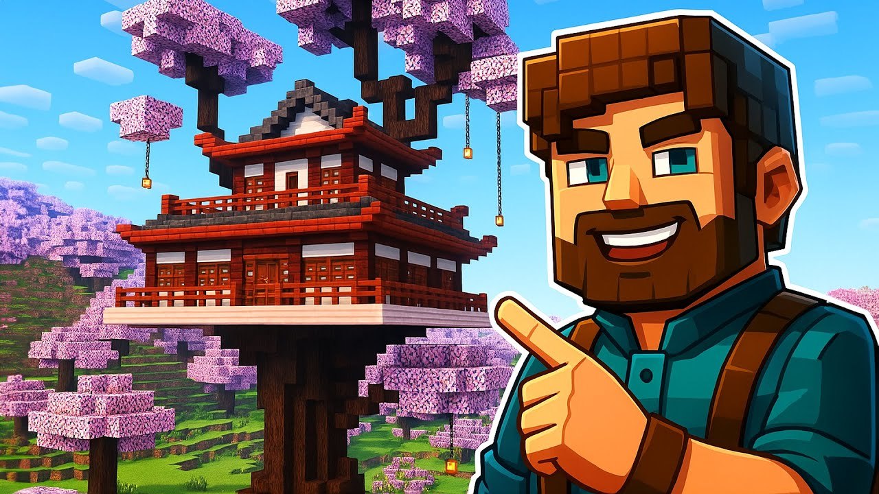 Minecraft Japanese Blossom Tree House Tutorial | Survival Base Build ...