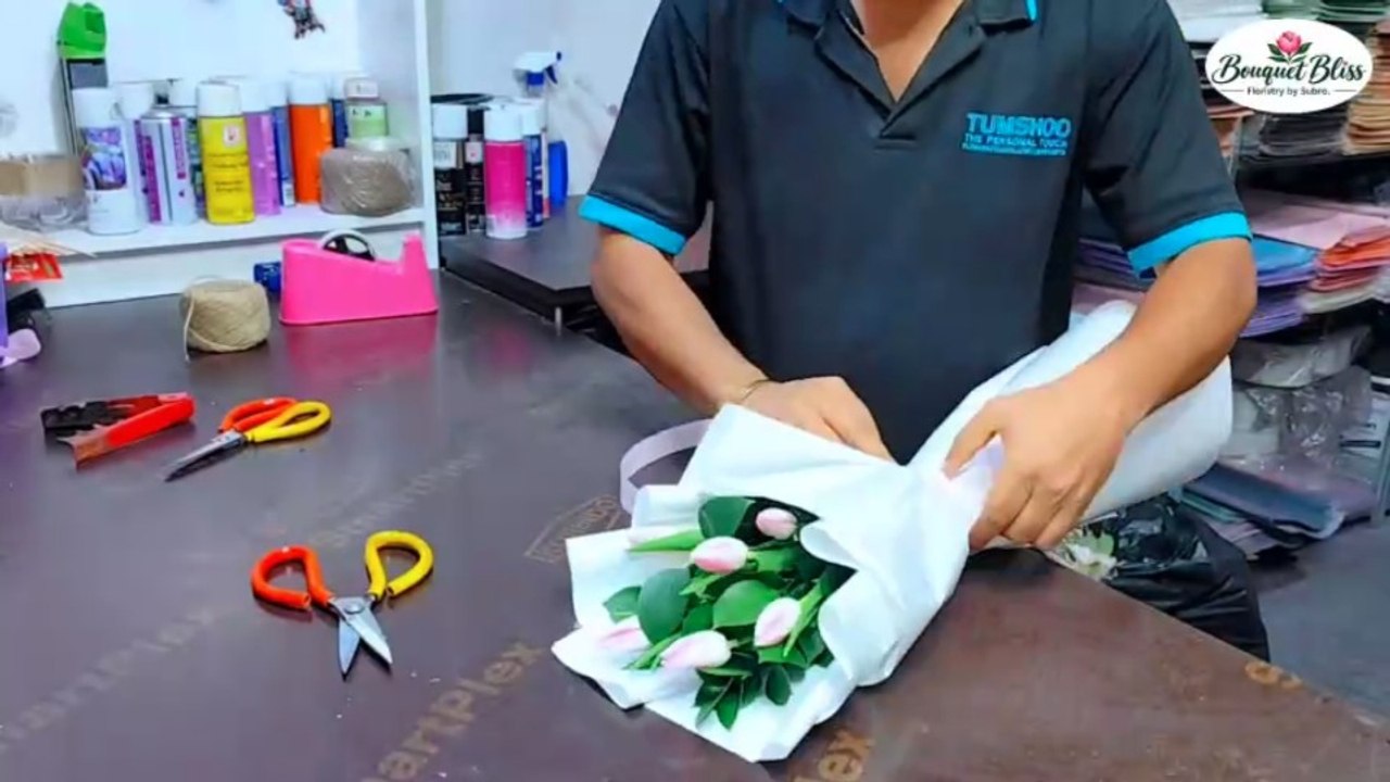 6 Pink Tulips Bouquet Making 🌷 | Elegant White Paper Wrapping Tutorial ...