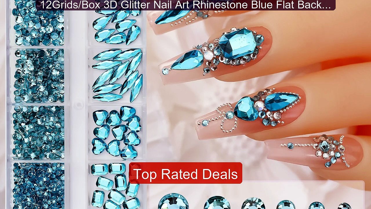 12Grids/Box 3D Glitter Nail Art Rhinestone Blue Flat Back Glass Sto ...