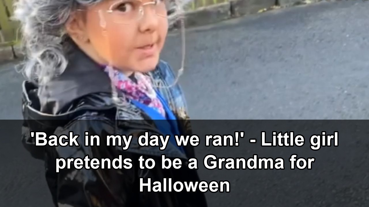 Hilarious toddler in a granny costume pretends to be an elderly woman with a backache