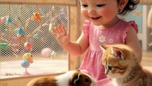 little girl watching Guinea pig exploring playpen