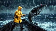Man catching giant fish in the raining Sea