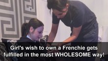 Adorable girl meets her new French Bulldog puppy and discovers it's hers