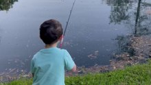 Young boy lands his first fish with dad's support