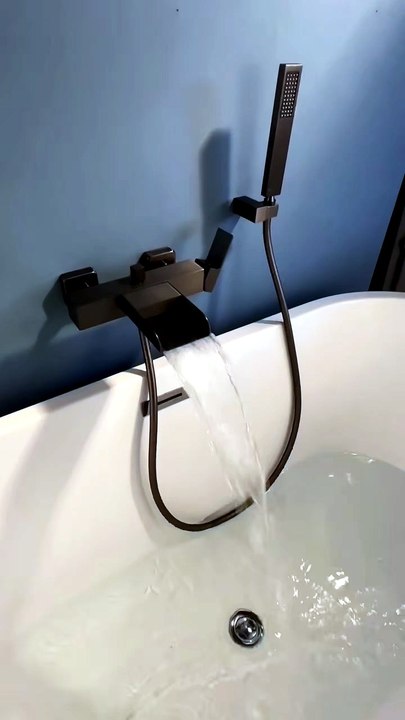 Wall Mount Waterfall 2-Handle Matte Black Bathtub Filler Tap with Hand ...