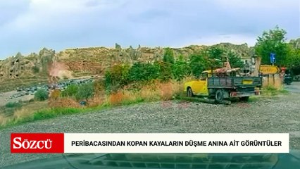 Kapadokya'da peribacasından kopan kayaların düşme anına ait görüntüler ortaya çıktı